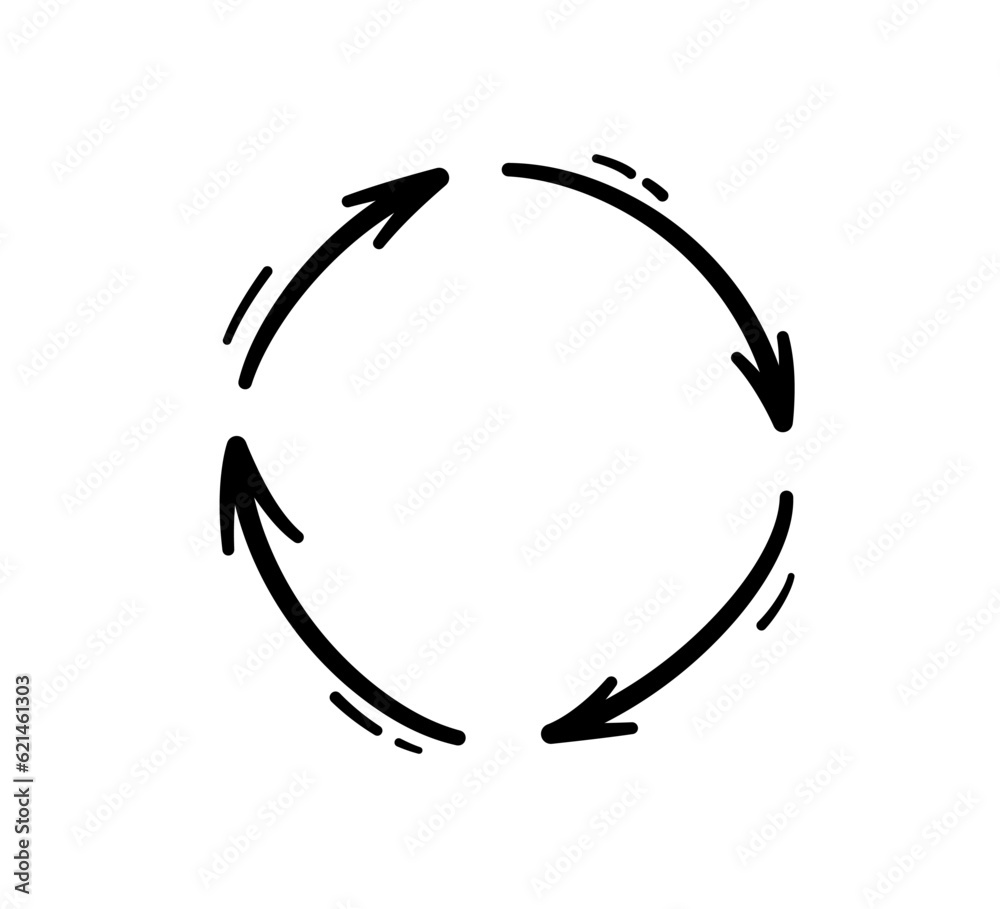Round doodle arrow. Hand drawn circle arrow icon. Recycle sketch sign. Repeat graphic line symbol. Vector doodle illustration isolated on white background. Round doodle arrow. Hand drawn circle arrow icon. Recycle sketch sign. Repeat graphic line symbol. Vector doodle illustration isolated on white background.