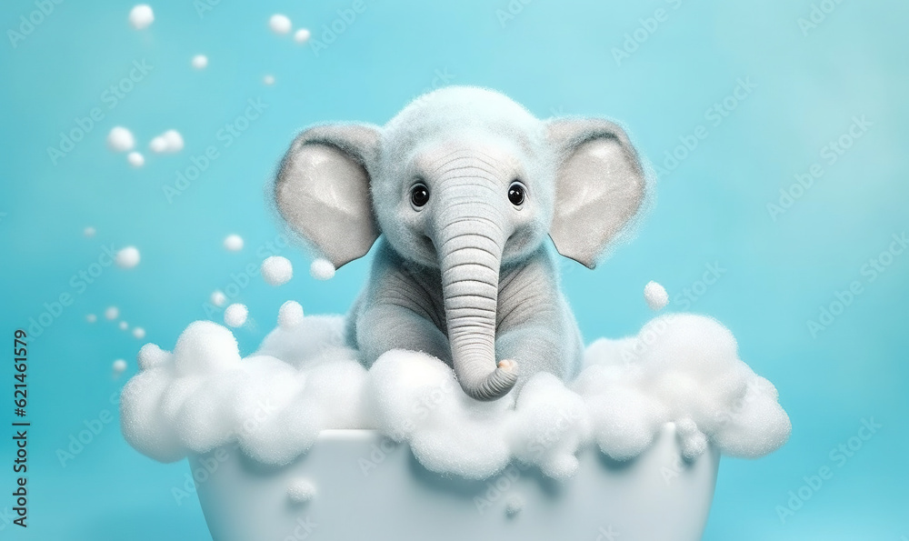  a baby elephant is sitting in a bathtub with bubbles.  generative ai