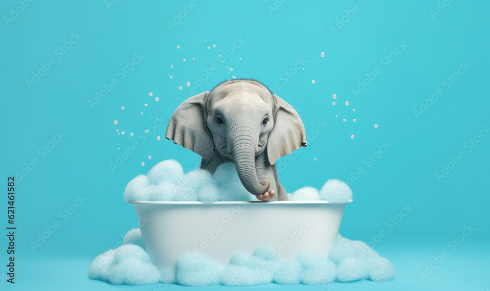  a baby elephant in a bathtub with bubbles coming out of it.  generative ai