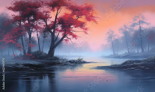  a painting of a river with trees in the background and a sunset in the background. generative ai
