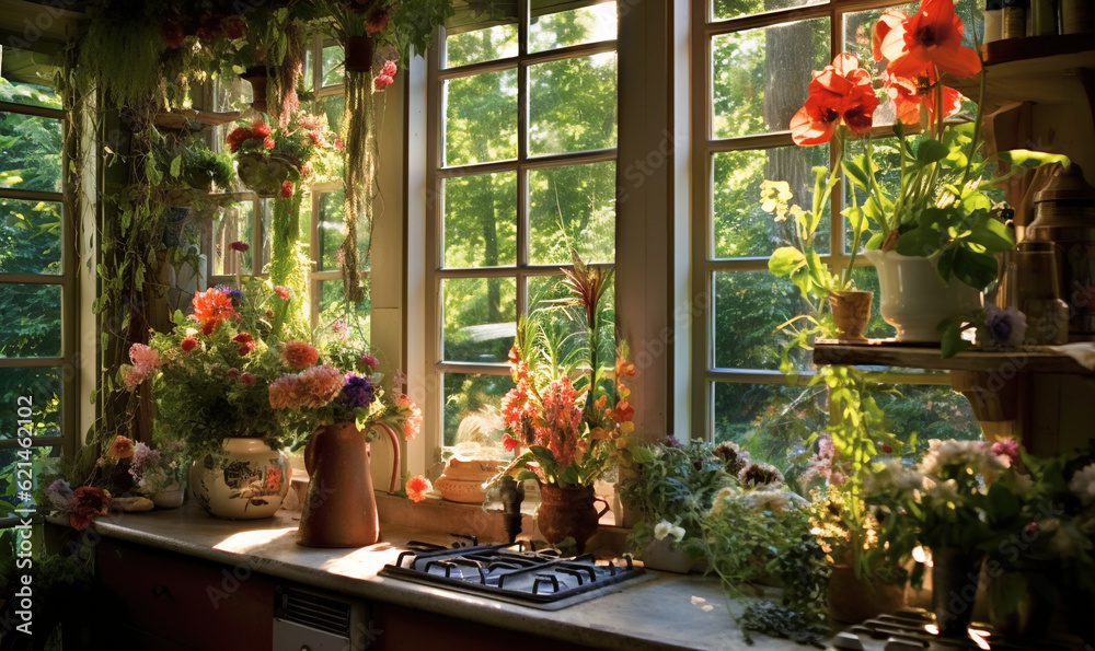 a kitchen counter topped with lots of potted plants next to a window.  generative ai