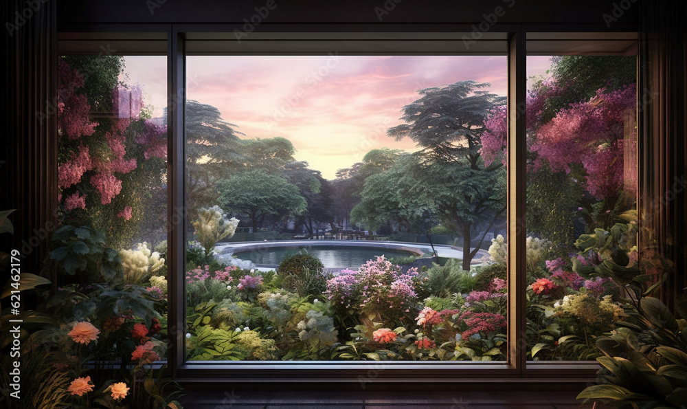  a window with a view of a park and a pond.  generative ai