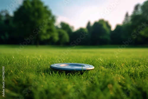 A frisbee on a grassy field