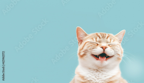 Happy smiling cat on blue green background photo