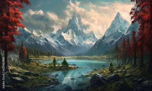  a painting of a mountain range with a lake in the foreground. generative ai