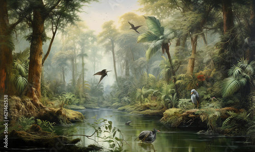  a painting of birds flying over a river in a forest. generative ai