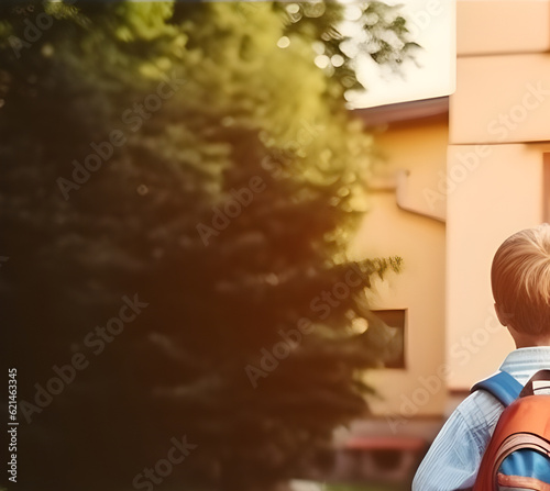 Back to school. child with backpack  going to school with fun,  generative AI 