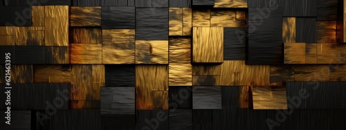 Abstract dark geometric luxurious noble gold black 3d texture wall with squares and rectangles background banner illustration, textured wallpaper (Generative Ai)