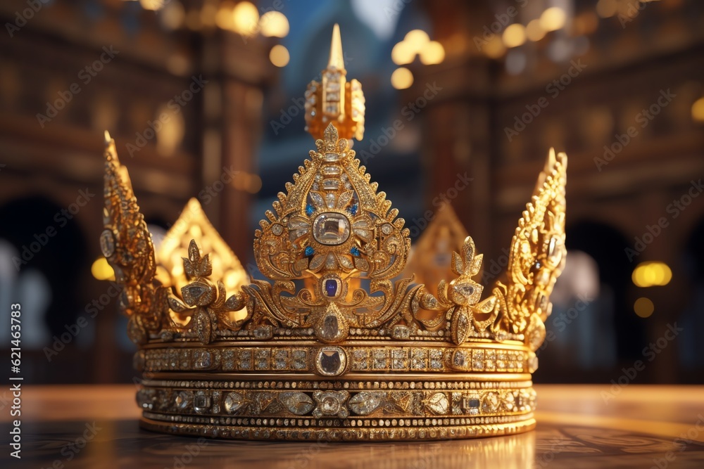 A golden crown adorned with precious gemstones