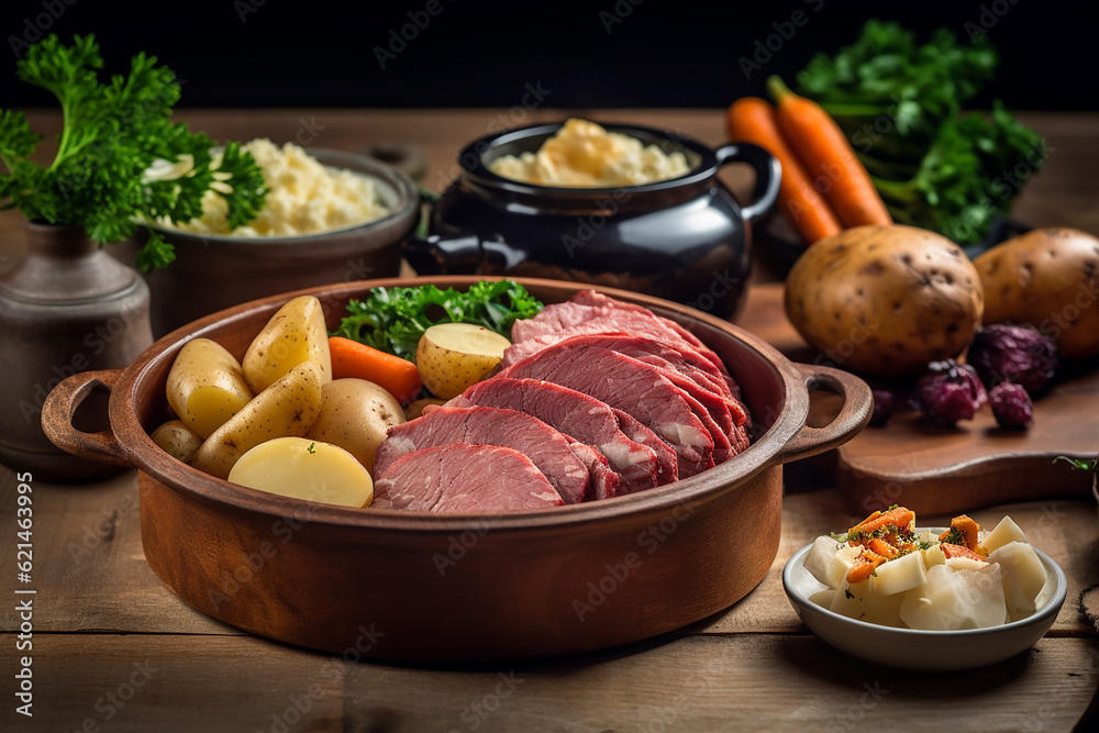 Hearty New England Boiled Dinner on Wooden Table - Created with Generative AI Tools