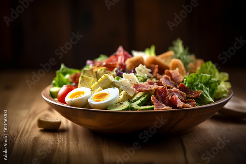 Delicious Cobb Salad on a Wooden Table Created with generative AI tools