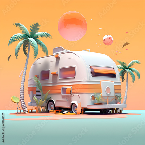 illustration of a caravan camping in the desert with palm trees, Generative AI