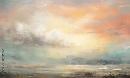 a painting of a sunset with clouds in the sky and a boat in the water. generative ai