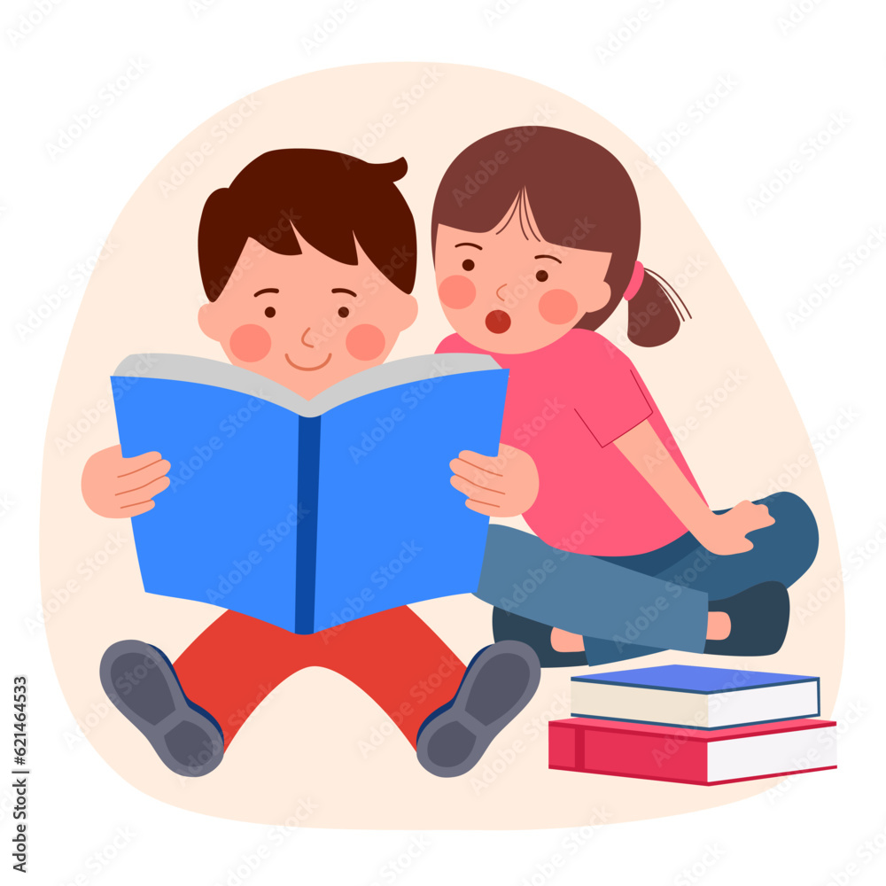 Kids reading book together in flat design. Kids reading book together in flat design.