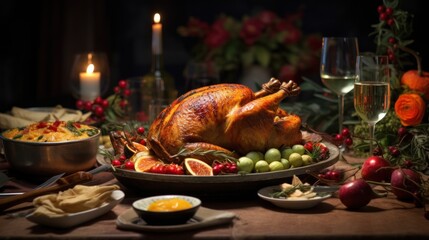 thanksgiving country dinner, christmas table with food. chicken