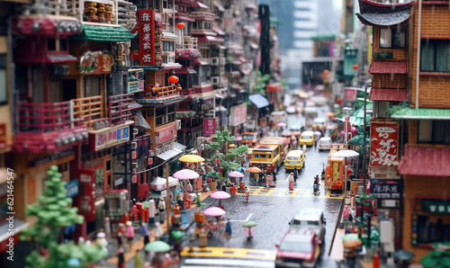  a city street filled with lots of traffic and people with umbrellas. generative ai