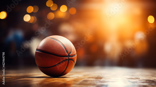 Basketball ball on wooden floor at basketball court with bokeh background