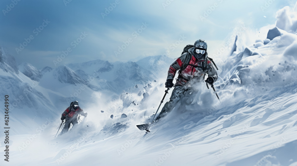 Skiers in the mountains background and copy space 