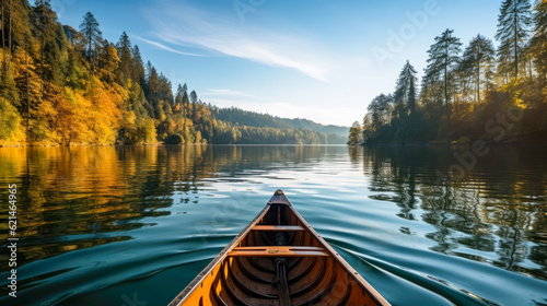 Wooden canoe on the lake in the mountains. Beautiful mountain landscape Background
