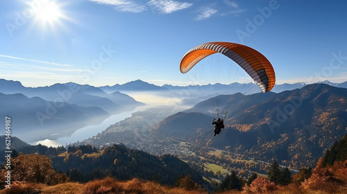 Paraglider in the mountains. Panoramic view background and copy space