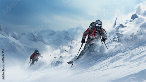 Skiers in the mountains background and copy space 