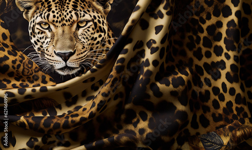  a leopard is peeking out from behind a leopard print fabric. generative ai