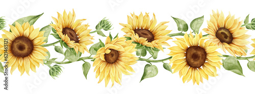 Watercolor hand painted sunflower seamless border. Fall loral horizontal pattern. Yellow flowers, leaves and plants. Autumn arrangement. Botanical illustration.