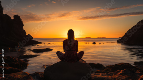 Young woman meditating in lotus position on the beach at sunset,  Background © AI Petr Images