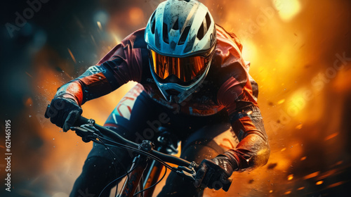 Professional cyclist riding on a mountain bike. Extreme sport. background and copy space