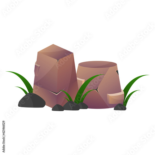 vector natural stone piles, mountain rocks with plants , geological material texture