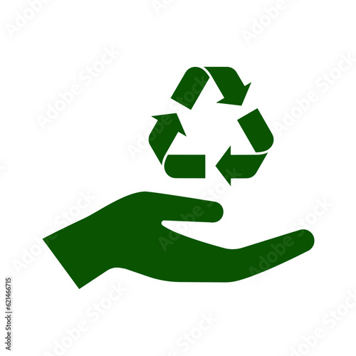 Icon of hand and recycling sign. Symbol of ecology, environmental awareness, nature protection concept. Vector Illustration
