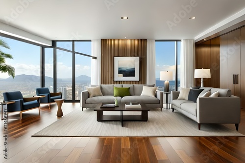 Beautiful and large living room interior with hardwood floors  fluffy rug and designer furniture