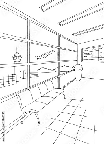 Airport interior graphic black white sketch vertical illustration vector 