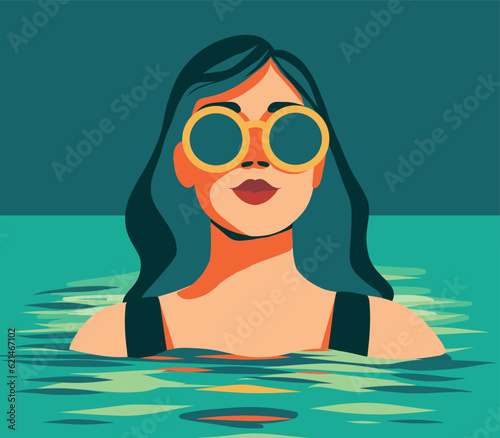 Vector illustration in a flat style. Girl in the sea. girl in the water. Vector simple graphics, flat style. girl on vacation. Tourist travel