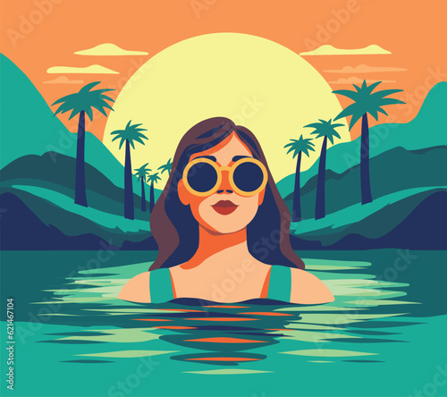 Vector illustration in a flat style. Girl in the sea. girl in the water. Vector simple graphics, flat style. girl on vacation. Tourist travel. Seascape