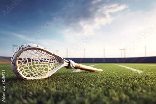 A lacrosse stick and ball on a field wallpaper photo