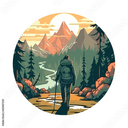 Backpacker hiking mountain trail, enjoying nature