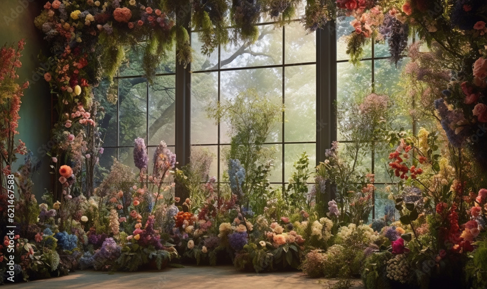  a room with a large window filled with lots of flowers.  generative ai