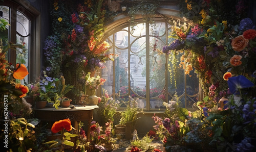  a room filled with lots of different types of flowers and plants. generative ai