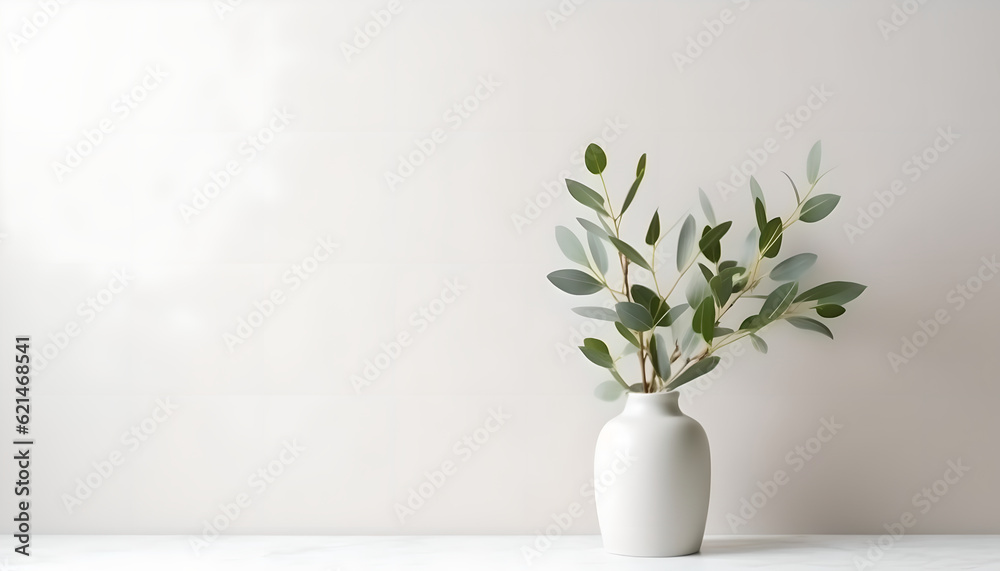 Green eucalyptus leaves in vase on white table. Minimalist still life. Light and shadow nature. Place for text, copy space, empty space.