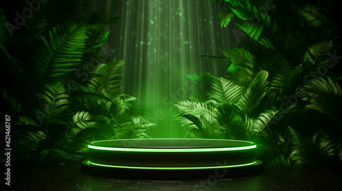 Green shiny podium or stage for product presentation. Tropical forest and green wall background. Copy space. Glowing light. Generative AI