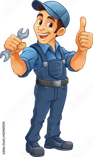 A handyman, mechanic, plumber or other construction cartoon mascot man holding a wrench or spanner tool.