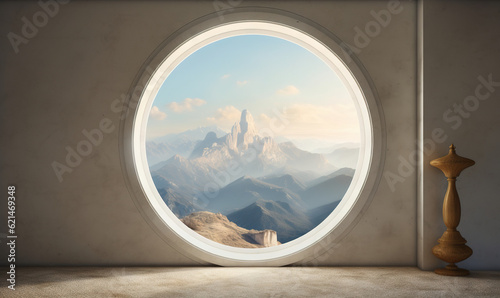  a round window with a view of a mountain range in it. generative ai