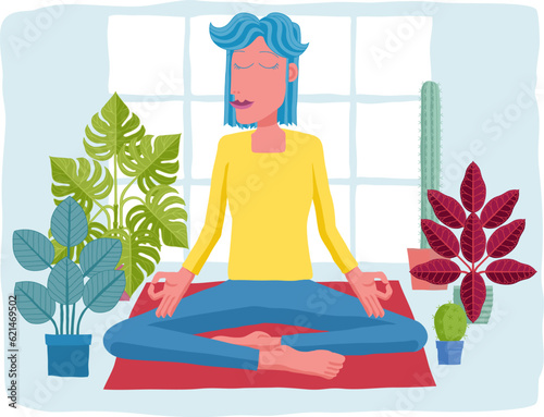 A woman meditating or doing yoga or Pilates. An illustration in an original abstract cubist flat modern cartoon style.