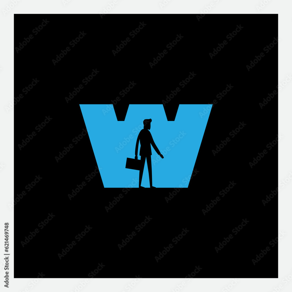 Logo with letter W and a silhouette of businessman in a suit with a ...