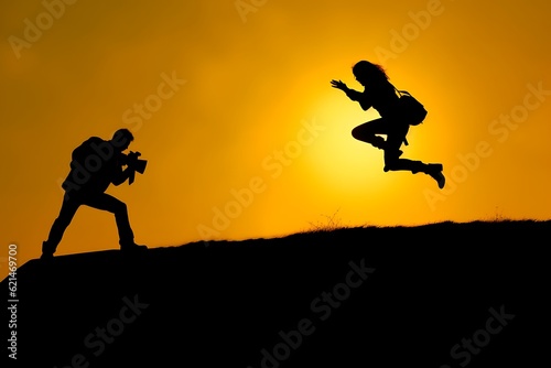 Silhouette of man and woman jumping with camera on sunset background ai generated