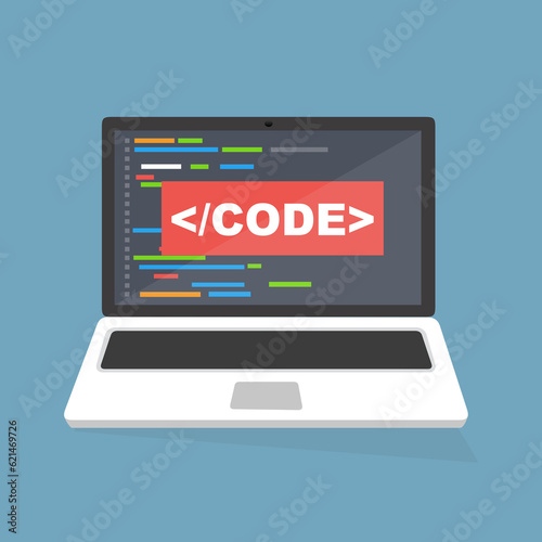 Software per computer con finestra dell'applicazione di testo di codifica di programmazione sullo schermo del laptop. Industria digitale. Innovazioni e tecnologie. Elaborazione di big data, calcolo de