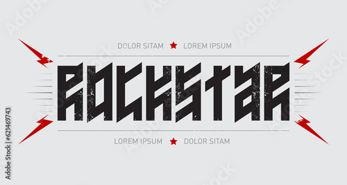Rock star - t-shirt design with red lightnings and stars. Rockstar - shirt apparels cool print. Music poster, inscription looks like runic script.