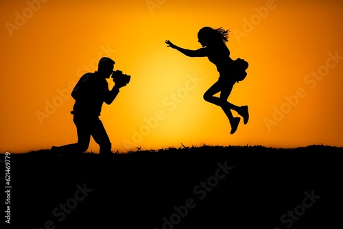 Silhouette of man and woman jumping on the hill with sunset ai generated
