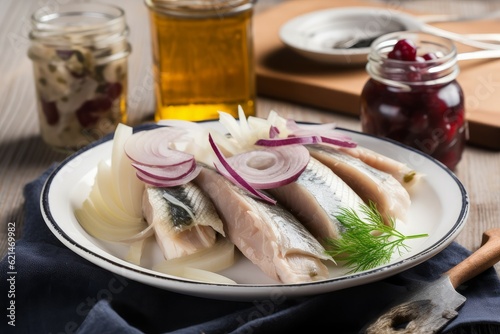 Dutch herring food with onion. Generate Ai